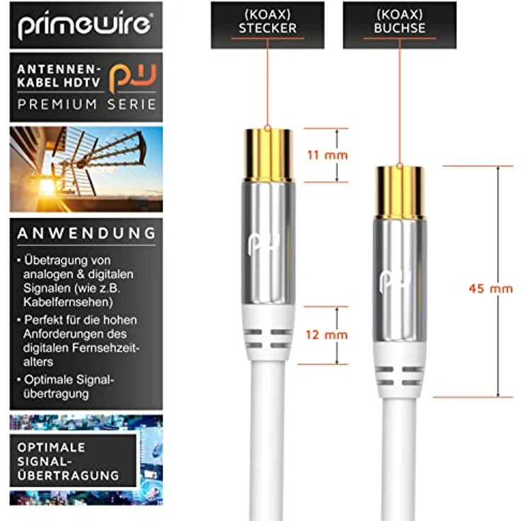 CSL - 7,5m Antennenkabel HDTV 135dB 75 Ohm - Premium Koaxialkabel - FullHD 4k UHD - Koax Stecker > Koax Kupplung - DVB-T DVB-T2 DVB-C DVB-S DVB-S2 Radio UKW DAB DAB – Bild 3