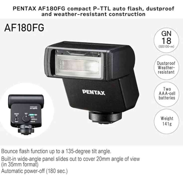 Pentax AF180FG - Kompaktes Blitzgerät mit P-TTL-Blitzautomatik, staub- und wetterfeste Konstruktion, für indirektes Blitzen, schwarz – Bild 3