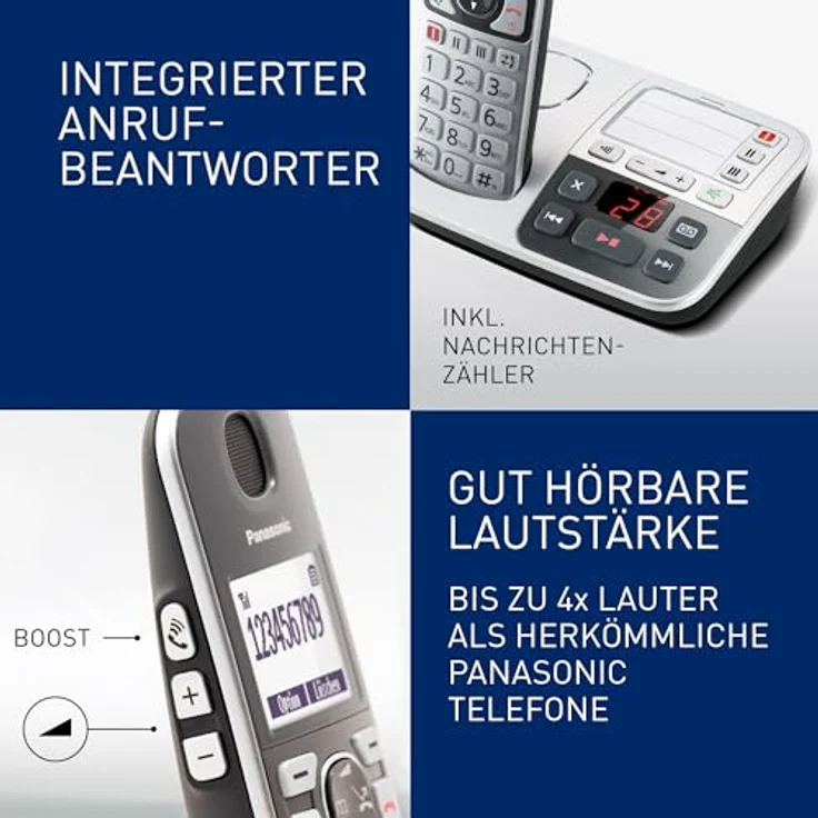 Panasonic KX-TGE522GS Seniorentelefon mit Anrufbeantworter, Notruftaste, Großtastentelefon, schnurlos, schwarz-silber – Bild 4