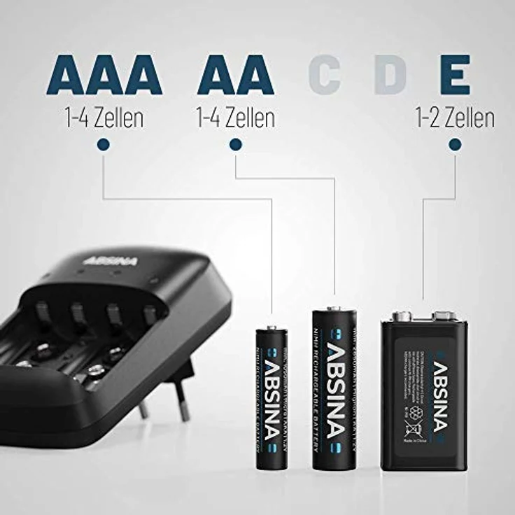 ABSINA X4 Akkuladegerät für AA, AAA & 9V, 4-fach mit 8x AA 2900 mAh NiMH Akkus, Einzelschachtüberwachung, Schnellladung binnen 2 Stunden, LED Statusanzeige – Bild 3
