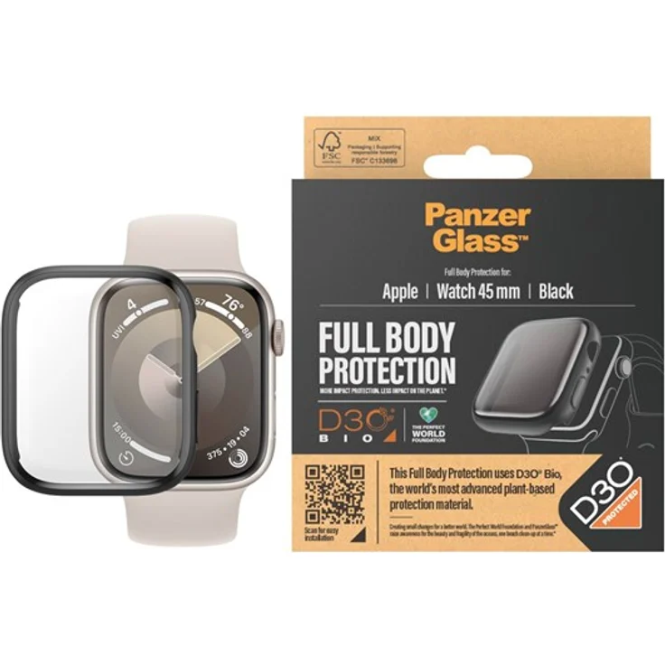 PanzerGlass Screen Protector Full Body für Apple Watch Series 9, 45mm, schwarz, mit D3O® Schutzmaterial, stoß- und kratzfest, 100% Touch-Sensitivität
