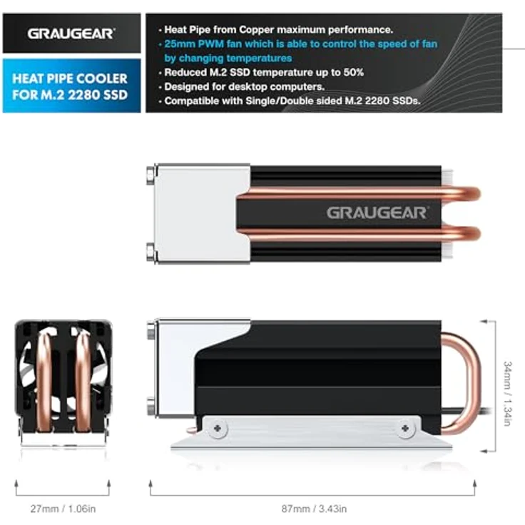 GRAUGEAR | Heatpipe Kühler mit Lüfter | Kühlköper für M.2 NVMe (2280) | aktive | 25mm PWM-Lüfter | geräuscharm | 4xWärmeleitpads | Kupfer-Heatpipe | Aluminium | G-M2HS03-F – Bild 2