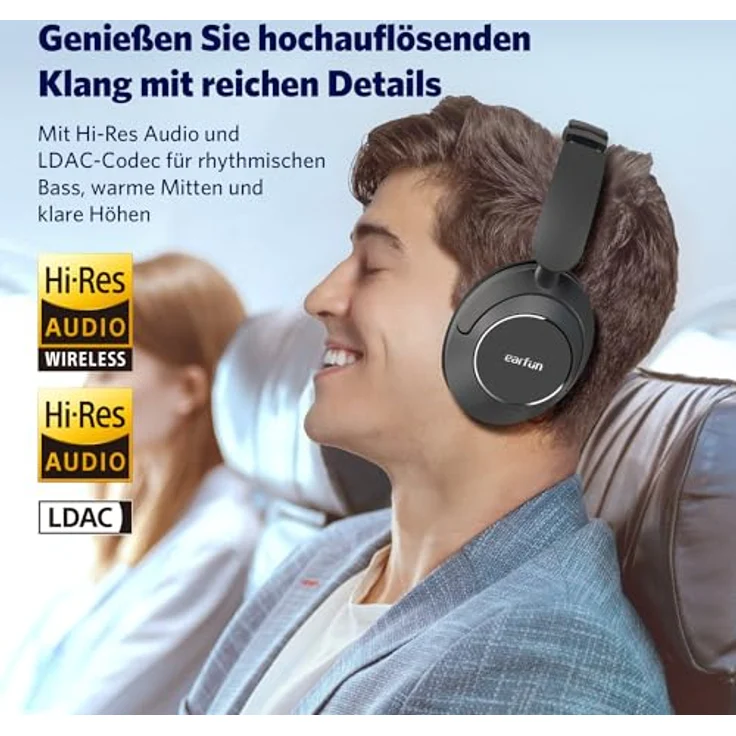 EarFun Wave Pro Over Ear Kopfhörer Kabellos Bluetooth, Hybrid Aktive Noise Cancelling, Hi-Res Audio, LDAC, 80 Std Akku, Bequemer Halt, 5 Mikrofone Kristallklare Anrufe, Bluetooth Multipoint, EQ in App – Bild 3