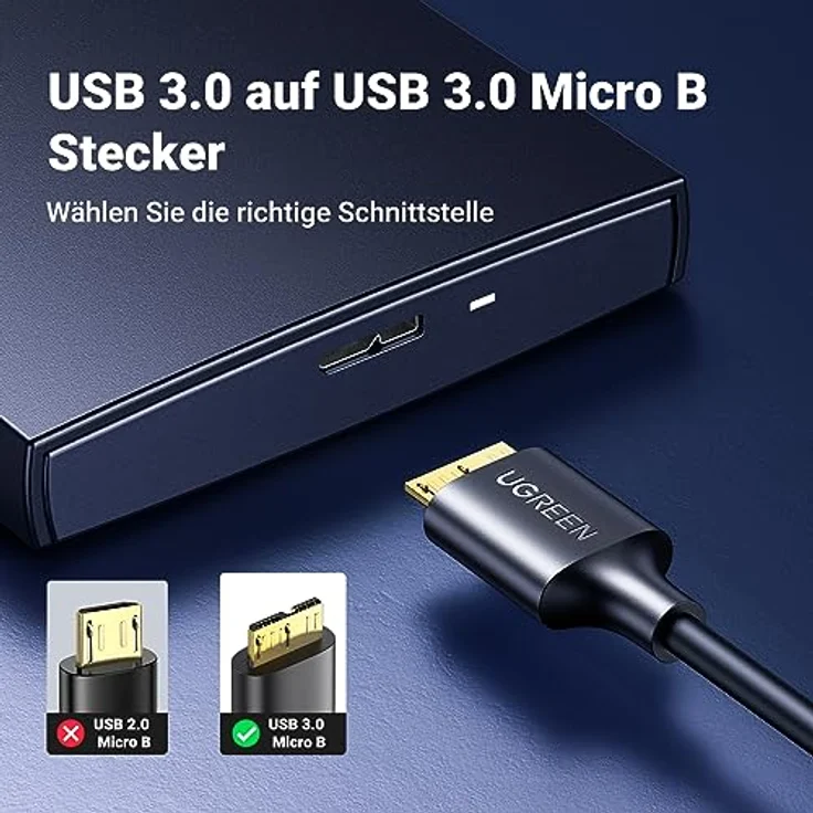 UGREEN Micro USB 3.0 Datenkabel 5Gbps Festplattenkabel für Externe Festplatten Western Digital My Passport, Toshiba Canvio Basics, Maxtor usw.(1m) – Bild 3