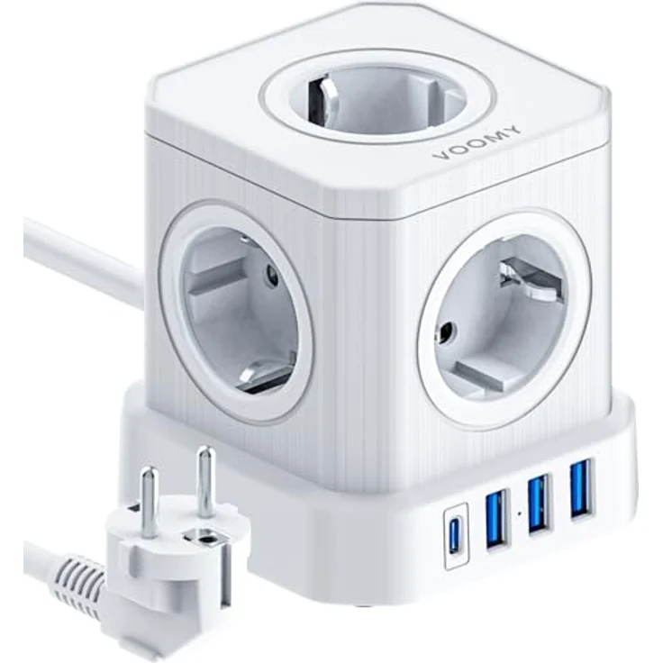 Voomy VOOMY 9-in-1 Steckdosenwürfel mit USB und Typ C, 5-Fach Steckdosenleiste, 3 USB-Anschlüsse, 4000W Mehrfachsteckdose mit Schalter, Überspannungsschutz, 2M Kabel, ideal für Büro und Werkstatt, Weiß – Bild 1