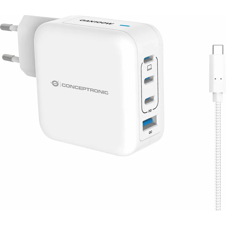 Conceptronic Ladegerät 4Port 100W, 3xUSB-C, 3-in-1 USB-A PD, Schutz gegen Überlastung, Weiss