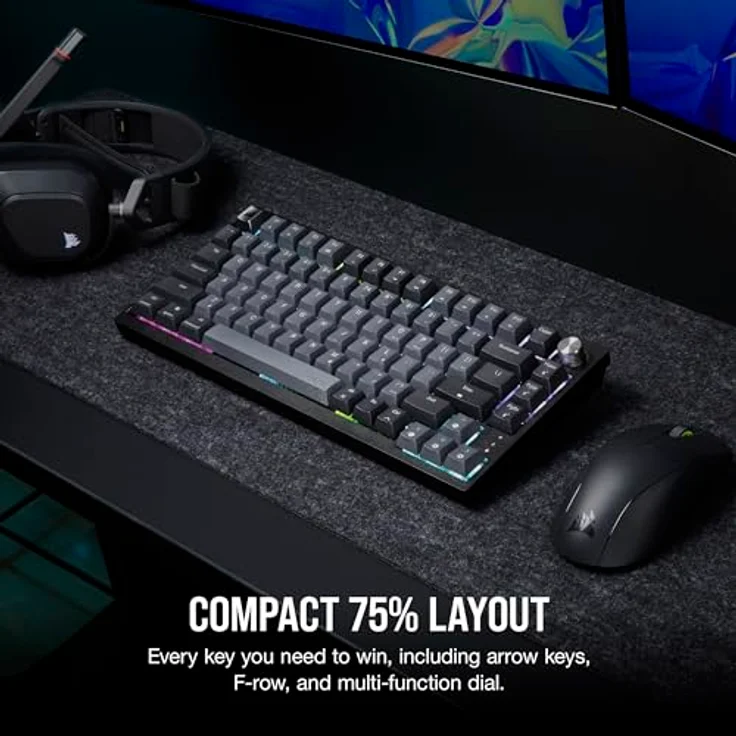 Corsair K65 Plus Wireless 75% RGB Mechanische Gaming-Tastatur – Vorgeschmierte MLX Red Linear Switches – PBT-Sublimation-Keycap – iCUE Kompatibel – PC, PS5, PS4, Xbox – QWERTY NA – Schwarz/Grau – Bild 3
