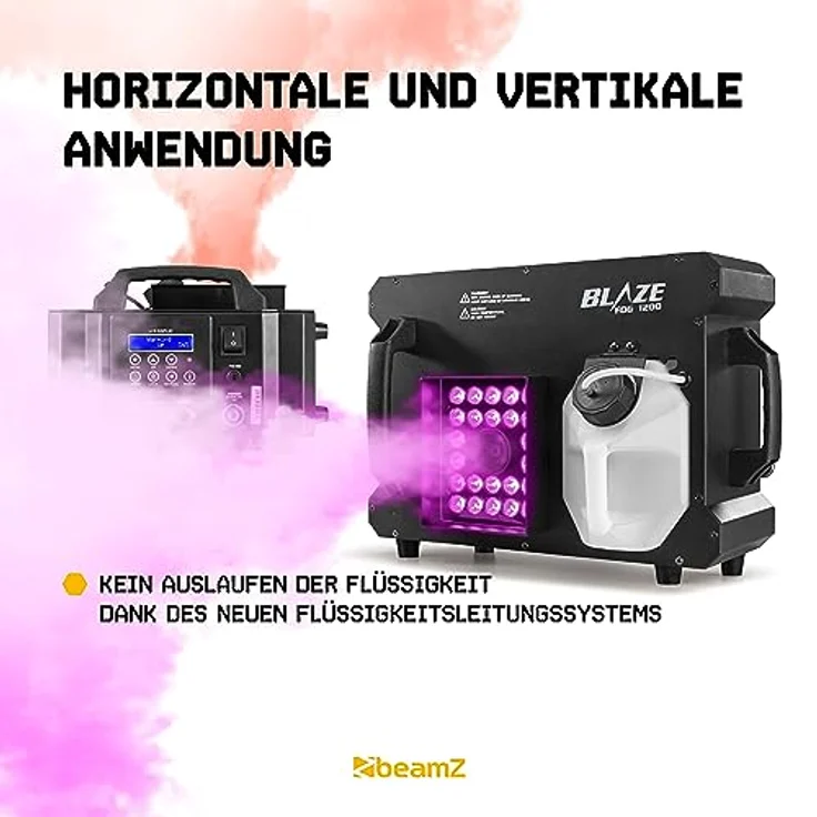 BeamZ BLAZE1200, Nebelmaschine mit 1200 Watt Leistung, 24x 4 Watt 4-in-1 RGBA-LEDs, vertikal und horizontal verwendbar, LCD-Display und Fernbedienung mit Timerfunktion – Bild 2