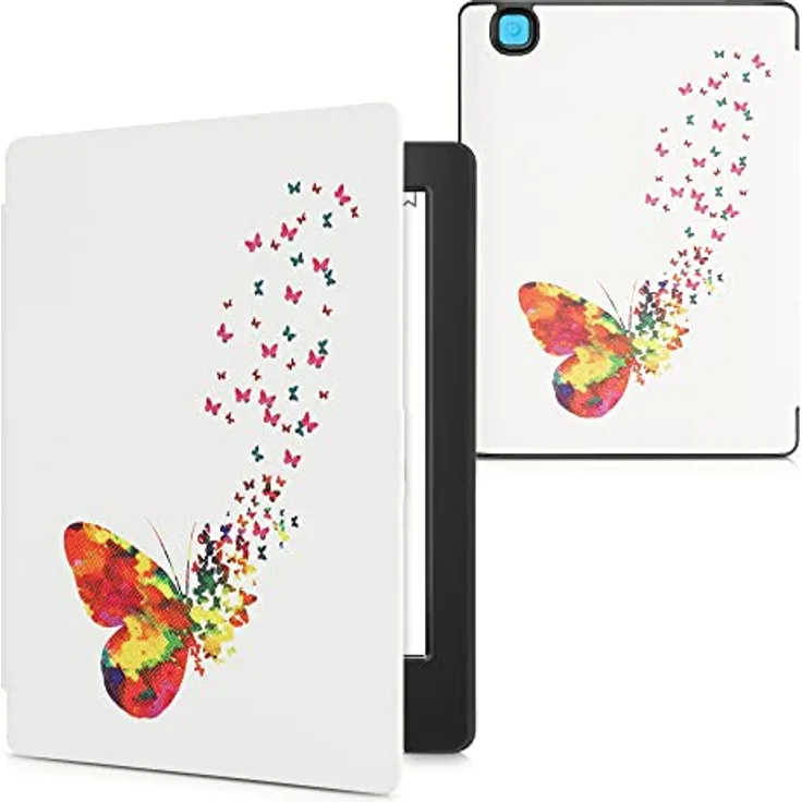 kwmobile Klapphülle für Kobo Aura H2O Edition 2, eReader Case in Mehrfarbig Pink Weiß mit Schmetterling Design, Kunstleder mit Magnetverschluss