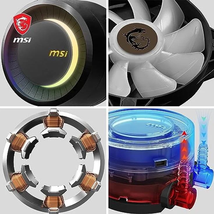 MSI MAG CORELIQUID E240 AIO CPU-Flüssigkeitskühler - Vergrößerte Kupferkühlplatte, ARGB Blockhead & FDB Lüfter, Zweikammer-Wasserblock, Split-Flow Radiator, Mystic Light, AMD & Intel kompatibel – Bild 4