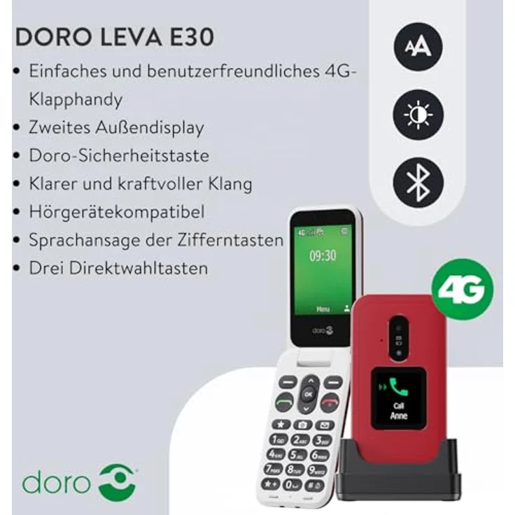 Doro Leva E30 4G Smartphone, Klappgehäuse, 2.8 Zoll Display, 0.3 MP Kamera, Single SIM, Schwarz-Weiß – Bild 2