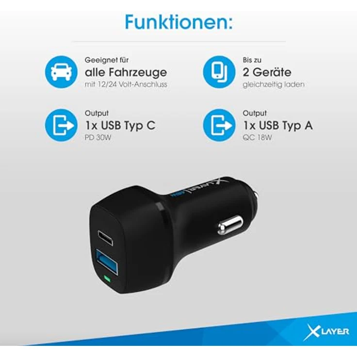 Xlayer Kfz-Ladegerät Typ C PD 48W & USB QC3.0 18W Dual Adapter, Schnellladegerät für Smartphones und Tablets, Schwarz – Bild 5