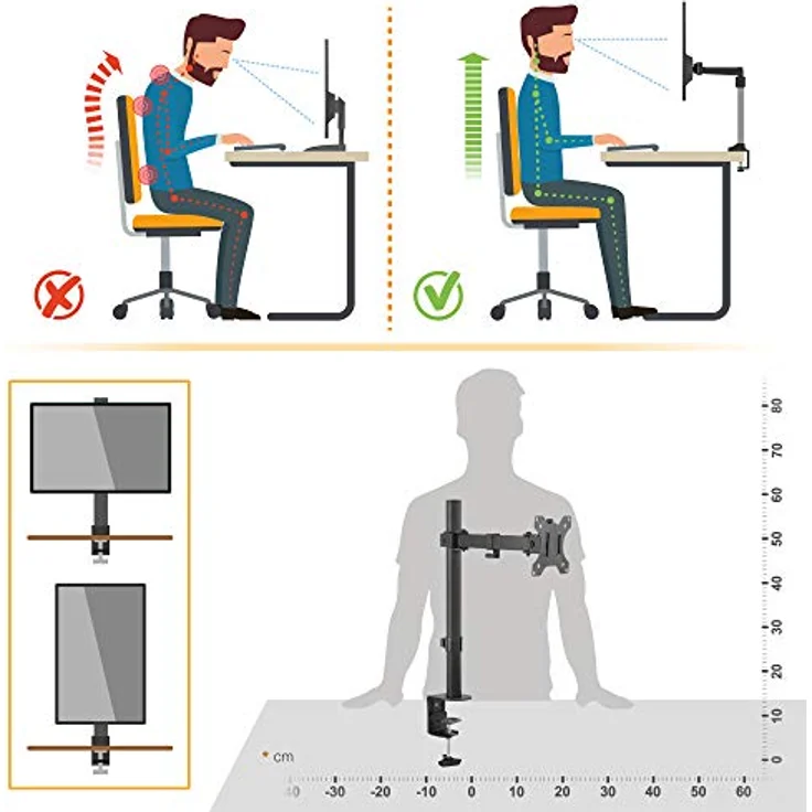 RICOO Monitor Halterung Tisch, VESA Tischhalterung für 13-32 Zoll, Monitorhalterung 1 Monitor Arm TS2611, Bildschirmhalterung Neigbar Schwenkbar Monitorarm Bildschirm Halterung Halter Monitorhalter – Bild 5