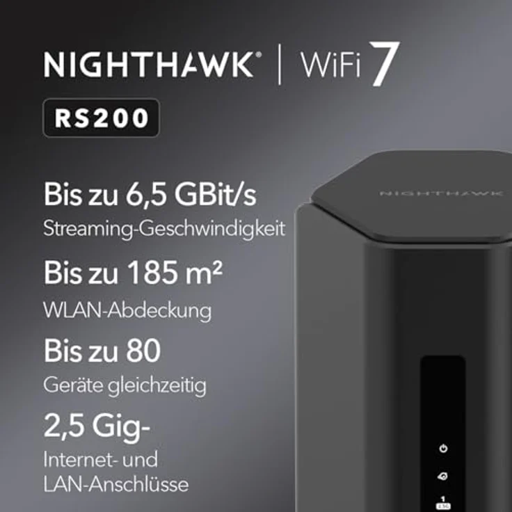 Netgear Nighthawk Dual-Band WiFi 7-Router (RS200) – WLAN-Geschwindigkeit bis zu 6,5 GBit/s – Abdeckung bis zu 185 m², 80 Geräte – 2,5-Gig-Internetanschluss – Bild 2