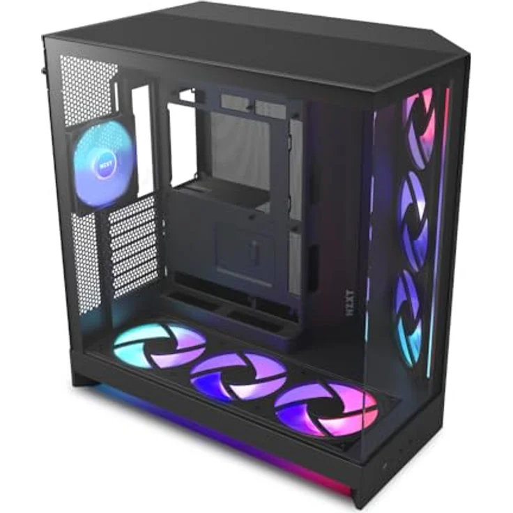 NZXT H9 Flow RGB+, ATX Mid-Tower PC-Gehäuse mit 7 RGB-Lüftern (6 x 140mm, 1 x 120mm), Dual-Kammer-Design, 420mm Radiatorunterstützung, Schwarz – Bild 1