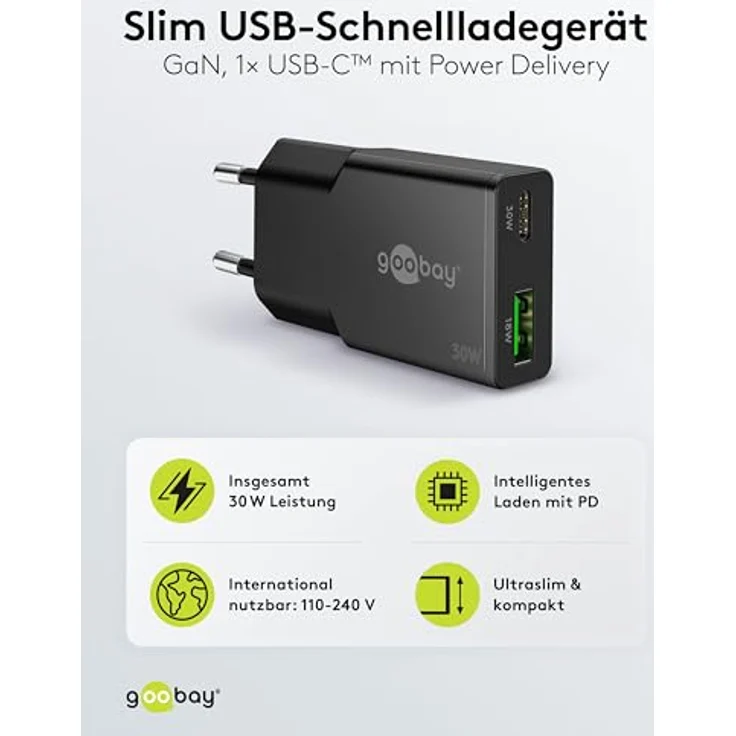 goobay USB-C Ladegerät 30W, Ultra Flaches GaN Netzteil, Dual Port mit Power Delivery & Quick Charge, Slim Ladeadapter für iPhone, Samsung Galaxy, iPad - Schwarz - 75737 – Bild 2