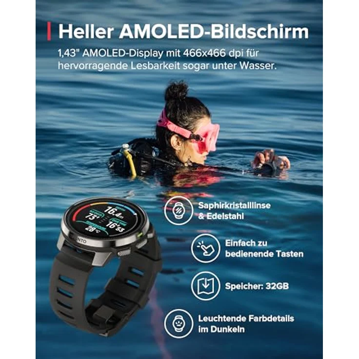 SUUNTO Ocean Tauchcomputer und Sportuhr, AMOLED-Bildschirm, 100m Wasserdicht, Zweifrequenz GPS, Offline-Karte, 95+ Sportarten, HRV & Schlafqualität Verfolgung, 40 Stunden Akkulaufzeit im Tauchmodus, Edelstahl/Saphirglas, 99g, 13,4mm, 50mm, -20°C, SUUNTO – Bild 2