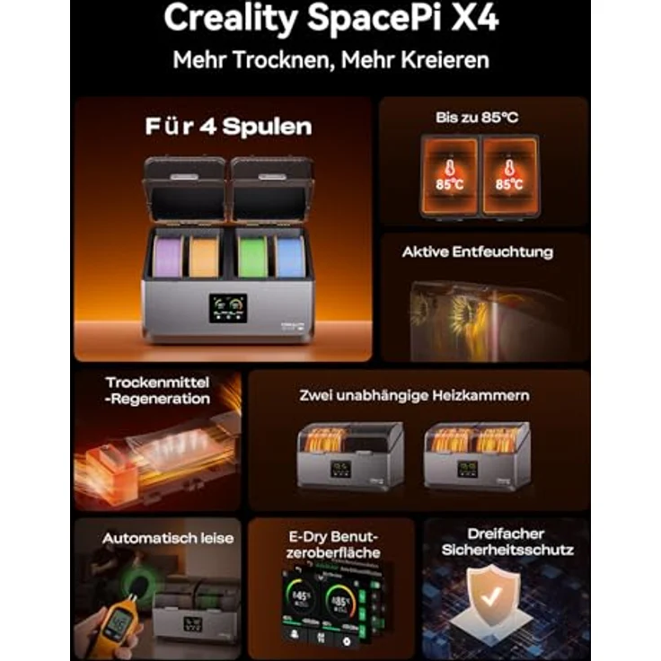 Creality Space Pi X4, Filament-Trockner mit 4-Spulen-Aufbewahrung, Dual-Heizkammern bis 85 °C, intelligente Touchscreen-Steuerung, energiesparend, ideal für PLA/PETG/TPU/ABS/Nylon – Bild 2