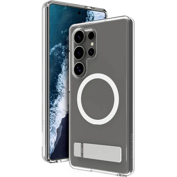 dbramante1928 Iceland Pro Qi2 Kick, transparentes Hartschalen-Case für Samsung Galaxy S25 Ultra mit 3m Sturzschutz und integriertem Standfuß