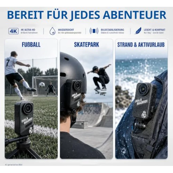 Real Madrid Action-Kamera 4K, Touchscreen, EIS, wasserfest, Sony Sensor, WLAN, 20 MP, MicroSD bis 256 GB, inkl. Fernbedienung – Bild 5