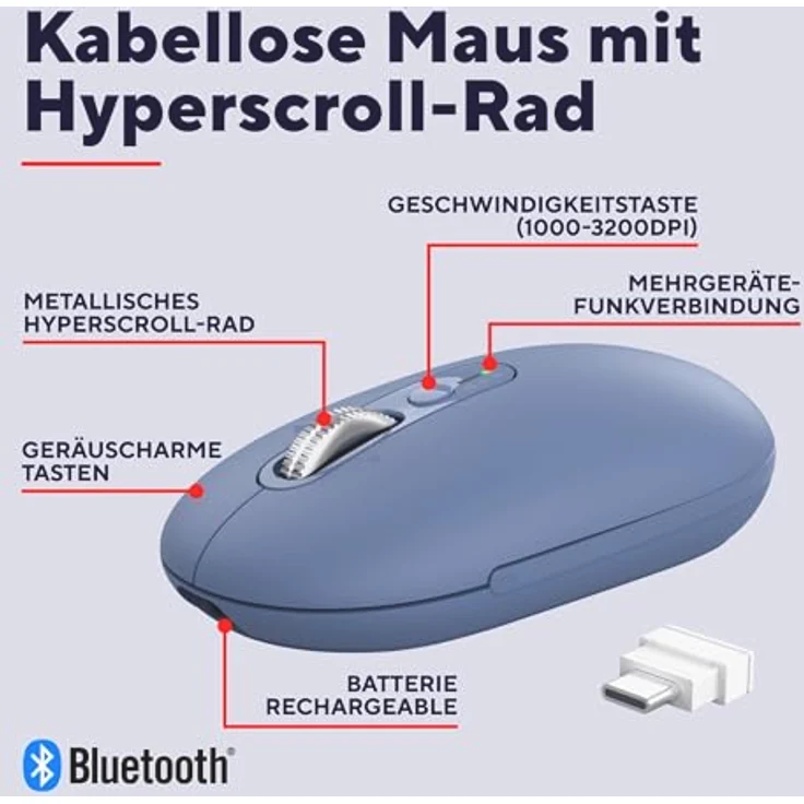 Trust Seron Kabellose Maus, wiederaufladbar mit ultraschnellem Scrollrad, Bluetooth + 2.4GHz, leise Tasten, aus 65% Recyclingkunststoff, Mehrgeräte-Funkmaus, blau – Bild 2