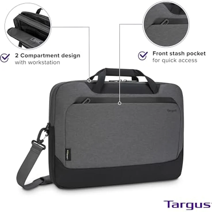 Targus Cypress EcoSmart® Notebook Tasche, für 14 Zoll Laptops, grau, aus 13 recycelten Plastikflaschen gefertigt, mit Tragriemen und Trolley-Gurt – Bild 2