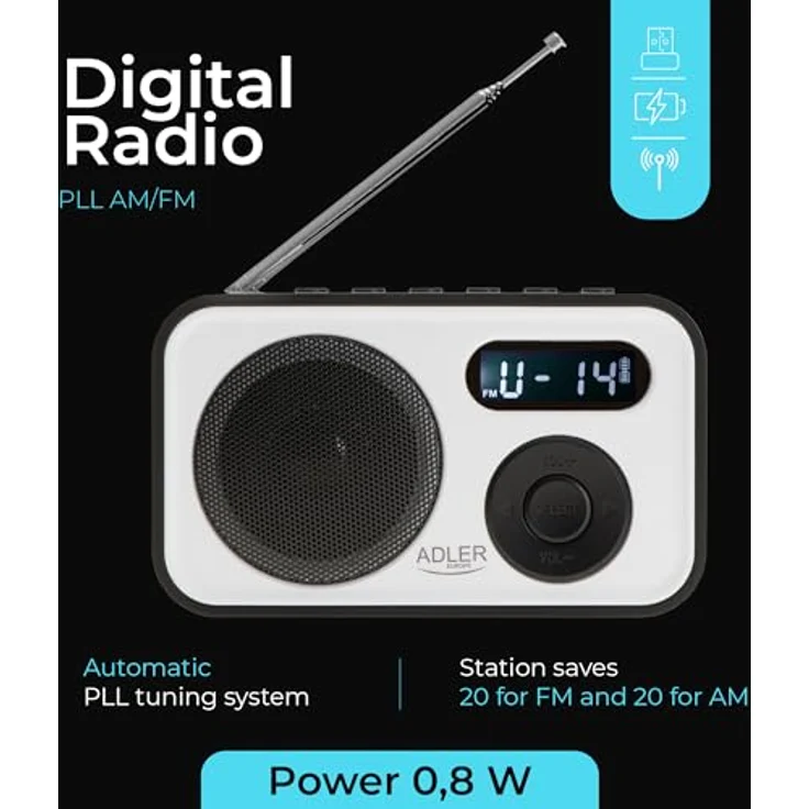 Adler AD 1906 PLL AM/FM Digitalradio, modernes Kofferradio mit USB-C, 20 Speicherplätzen, Alarmfunktion, weiß schwarz – Bild 6