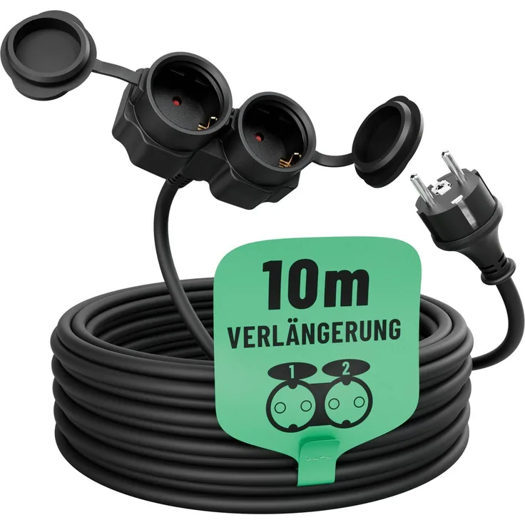 greate. 2fach Verlängerungskabel 10m - wasserdicht, Mehrfachsteckdose, 3500 W Verlängerungskabel, (1000 cm) - schwarz