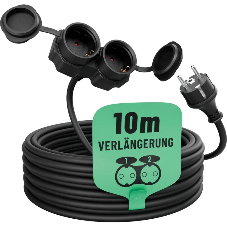 greate. 2fach Verlängerungskabel 10m - wasserdicht, Mehrfachsteckdose, 3500 W Verlängerungskabel, (1000 cm) - schwarz – Bild 1
