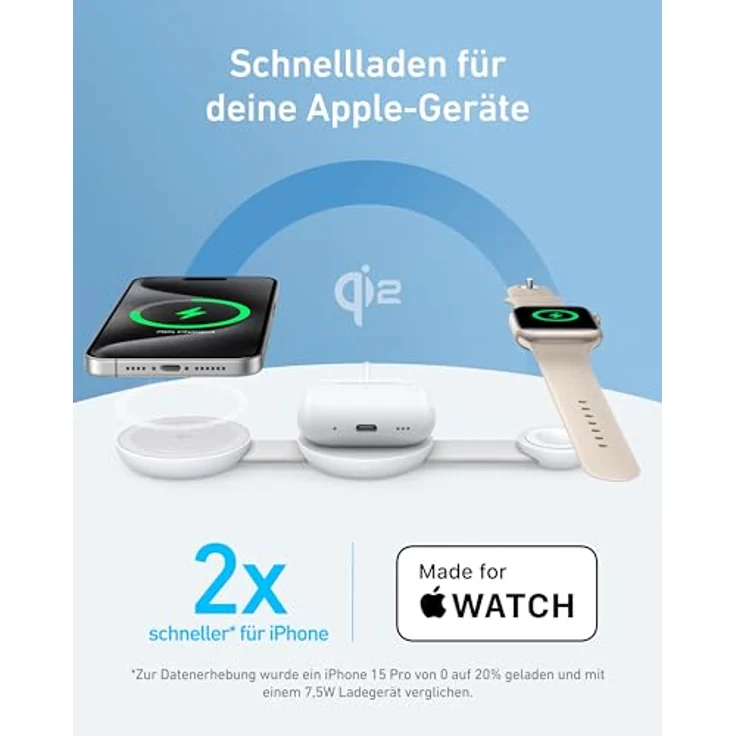 Anker MagGo 3-in-1 kabellose Ladestation, Qi2-zertifiziert, 15W Schnellladen, faltbares Reise-Ladepad (USB-C-Ladegerät inklusive) – Bild 3