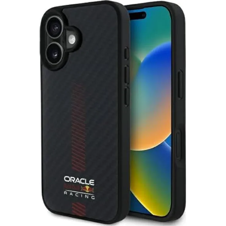 Red Bull Hülle Racing Carbon Powerbar MagSafe für Apple iPhone 16, Smartphone Hülle in Schwarz mit hochwertigem Schutz und ikonischem Rennteam-Design