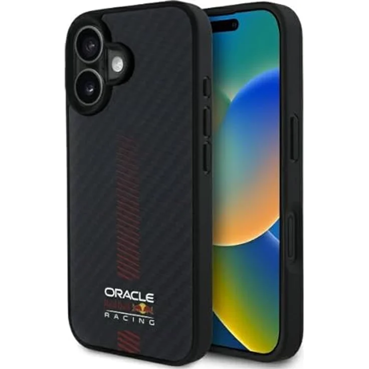 Red Bull Hülle Racing Carbon Powerbar MagSafe für Apple iPhone 16, Smartphone Hülle in Schwarz mit hochwertigem Schutz und ikonischem Rennteam-Design – Bild 1