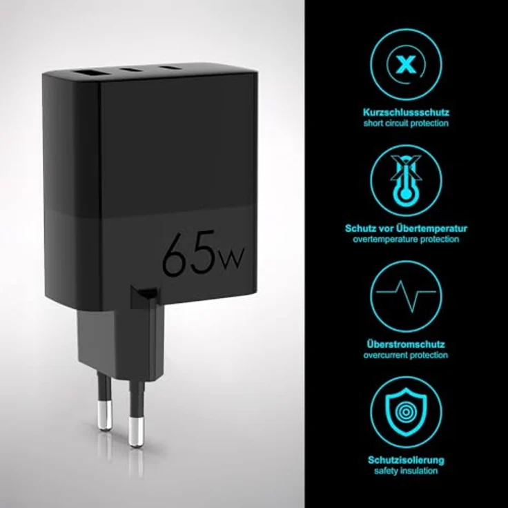 Eaxus USB Ladegerät mit 3 Ports, 2x Typ-C & 1x Typ-A, 65 Watt, inkl. USB-C Ladekabel, schwarz – Bild 3