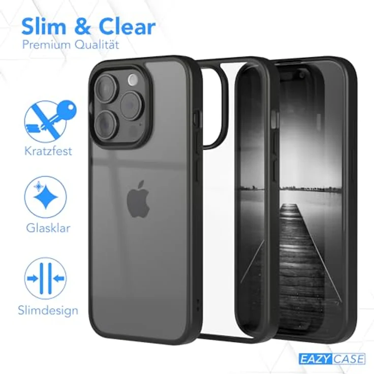 EAZY CASE Clear Hybrid Bumper Hülle für iPhone 15 Pro, Ultra Aufprallschutz, Stoßfest und Kratzfest, dünne Schutzhülle mit Kameraschutz, Schwarz – Bild 5