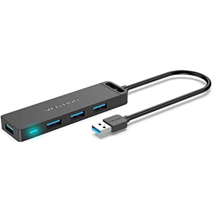 VENTION USB Hub 4-Port 3.0 USB Verteiler Ultra Dünn PVC Gehäuse, PC USB Erweiterung Splitter Unterstützung Beim Aufladen für Laptop, Xbox, Mac Mini/Pro, PS5/PS4 - Schwarz