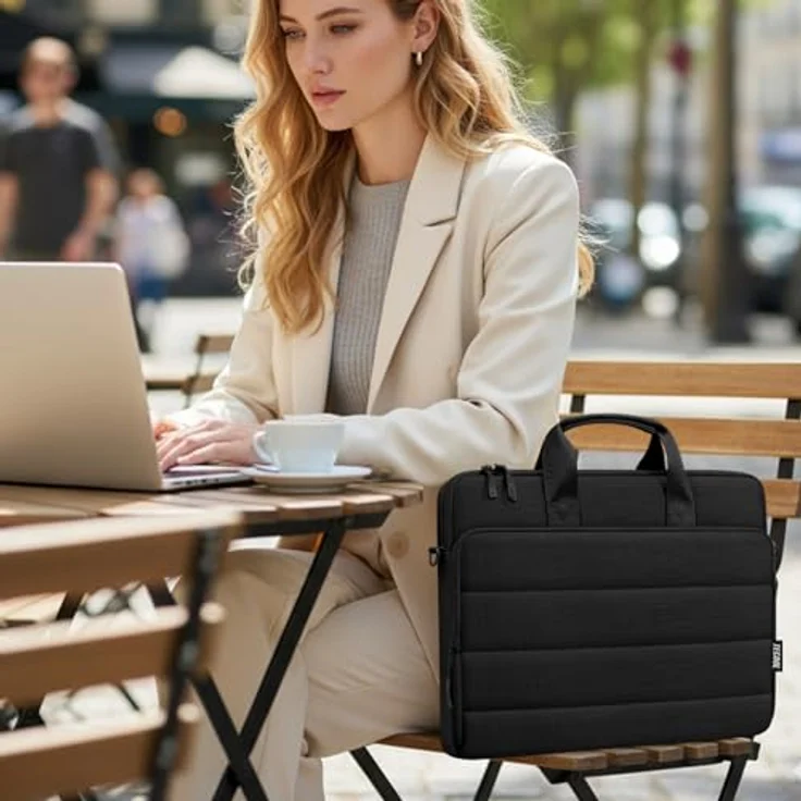 TECOOL 15,6 Zoll Laptoptasche, Puffy Aktentasche mit 360° Rundumschutz, abnehmbaren Schultergurt und praktischem Zubehörfach, schwarz – Bild 3
