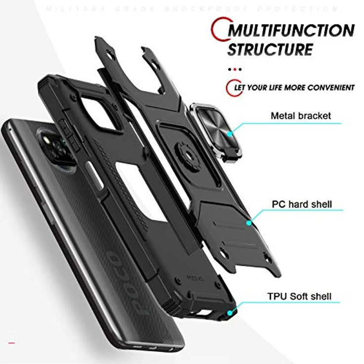 LeYi Hülle für Xiaomi Poco X3 Pro/NFC, 360 Grad Ring Halter, Militär Standard Schutz, Silikon Bumper Cover Case, Schwarz, mit Panzerglas Schutzfolie (2 Stück) – Bild 4