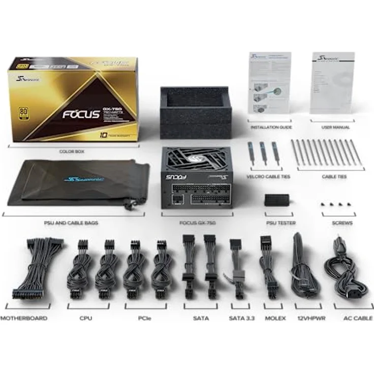 Seasonic Focus GX-750 ATX 3.0, Netzteil, ATX12V 3.0, 80 Plus Gold, 750 Watt, Modular, PCIe 5.0 - 12VHPWR-Anschluss, Schwarz – Bild 4