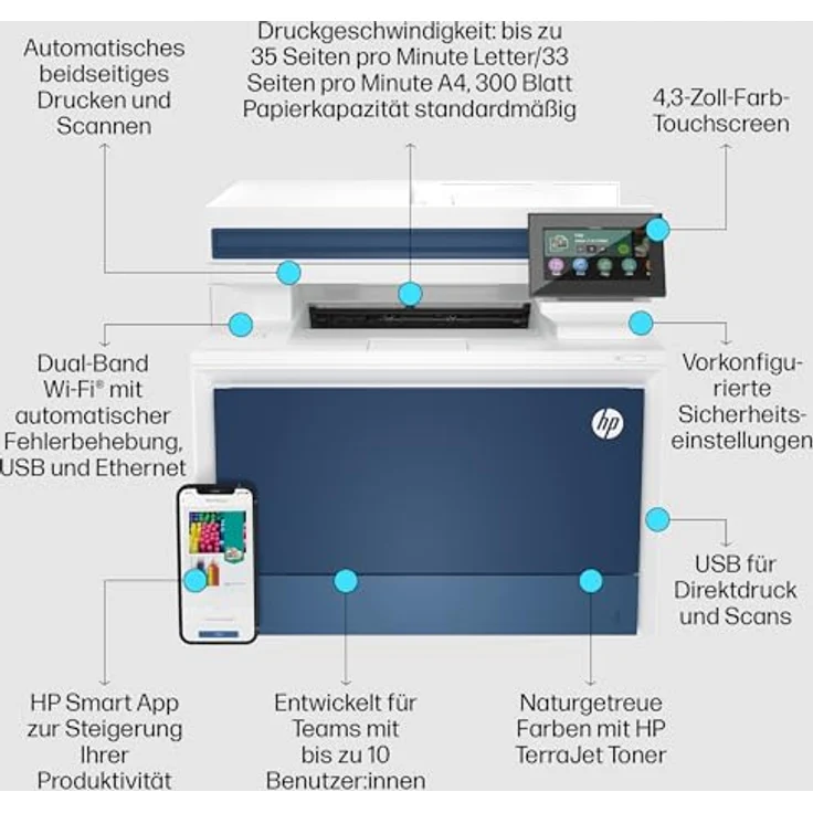 HP Color LaserJet Pro 4302fdw Multifunktions-Laserdrucker, Drucker, Kopierer, Scanner, Fax, Duplex-Druck, WLAN, LAN, Ethernet, Bluetooth, Airprint, für bis zu 10 Benutzer, Instant Ink verfügbar – Bild 4