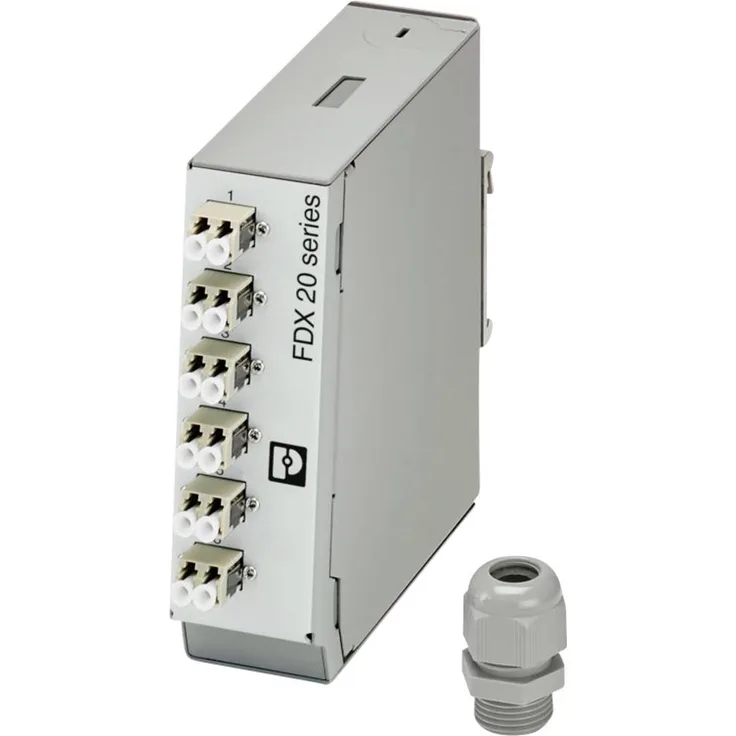 Phoenix Contact FOC-FDX20-PP-LCD6-OM2-PT9, LWL-Spleißbox, Tragschienenmodul, IP20, grau, Metallgehäuse mit oberem und unterem Kabelabgang