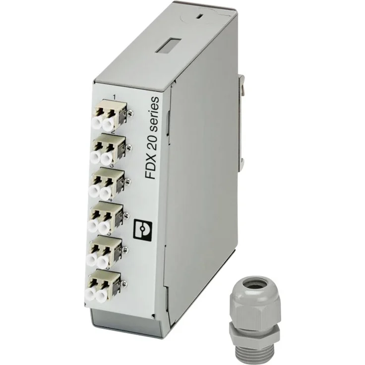 Phoenix Contact FOC-FDX20-PP-LCD6-OM2-PT9, LWL-Spleißbox, Tragschienenmodul, IP20, grau, Metallgehäuse mit oberem und unterem Kabelabgang