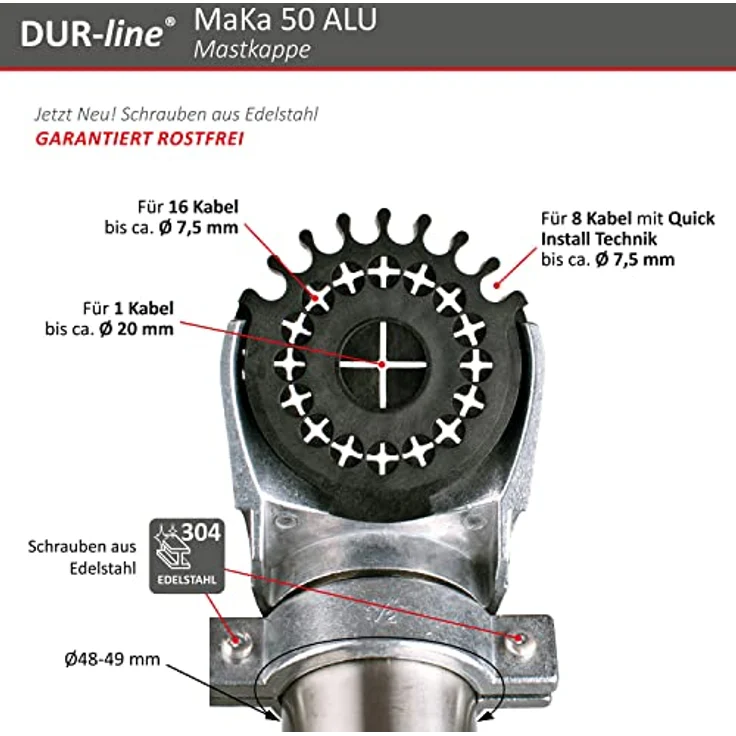 DUR-line MaKa 50 ALU Mastkappe für Antennenmast Durchmesser: 48-52 mm mit Kabeldurchführung – Bild 4
