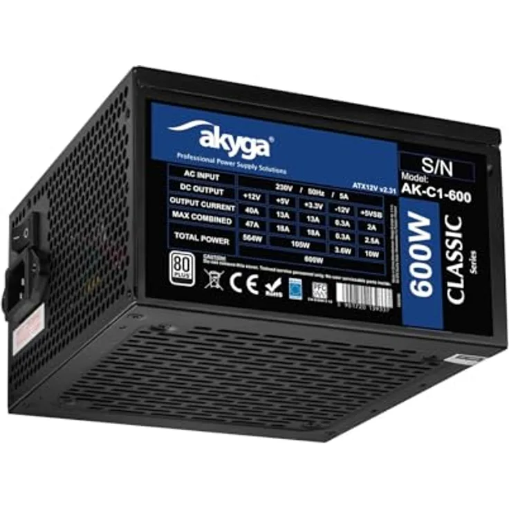 Akyga ATX Netzteil 600W AK-C1-600, 80 PLUS, 12cm Lüfter, 2X PCI-E 6+2 pin, 5X SATA, 3X Molex, schwarzes Gehäuse