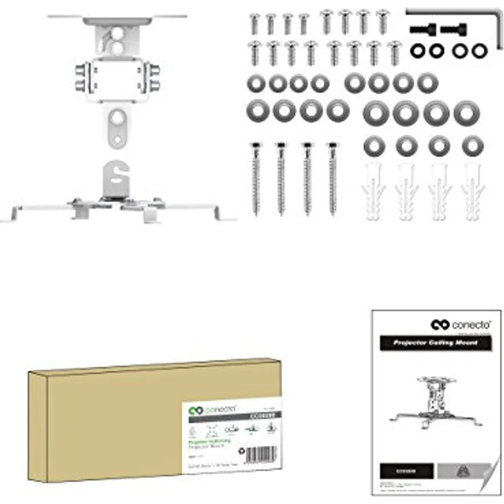 conecto CC50280 Deckenhalterung für Beamer, neigbar -15° bis +15°, schwenkbar 360°, drehbar 360°, Deckenabstand 150mm, Traglast max. 13,5kg, universeller Montagebereich 54-320 mm, weiß – Bild 6