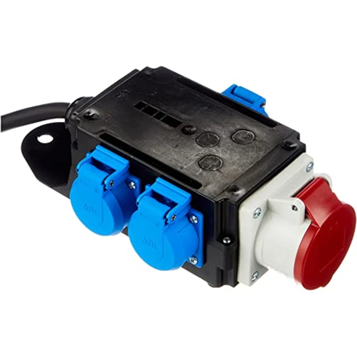 as - Schwabe MIXO Adapter/Stromverteiler ENZ Stecker mit 2 m Gummischlauchleitung 1 x CEE und 3 x Schutzkontakt Steckdosen – Baustellen Starkstrom-Verteiler – IP44 – Made in EU I 61520, schwarz – Bild 2