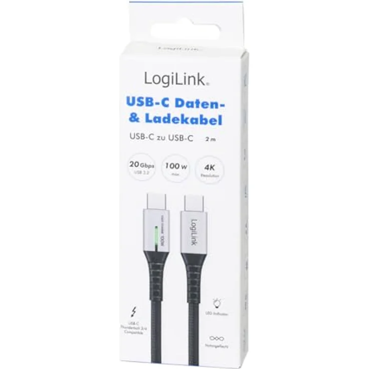 LogiLink CU0434 USB 3.2 Gen2x2 Type-C Kabel M/M, 100W mit LED-Anzeige, 2m, schwarz – Bild 6