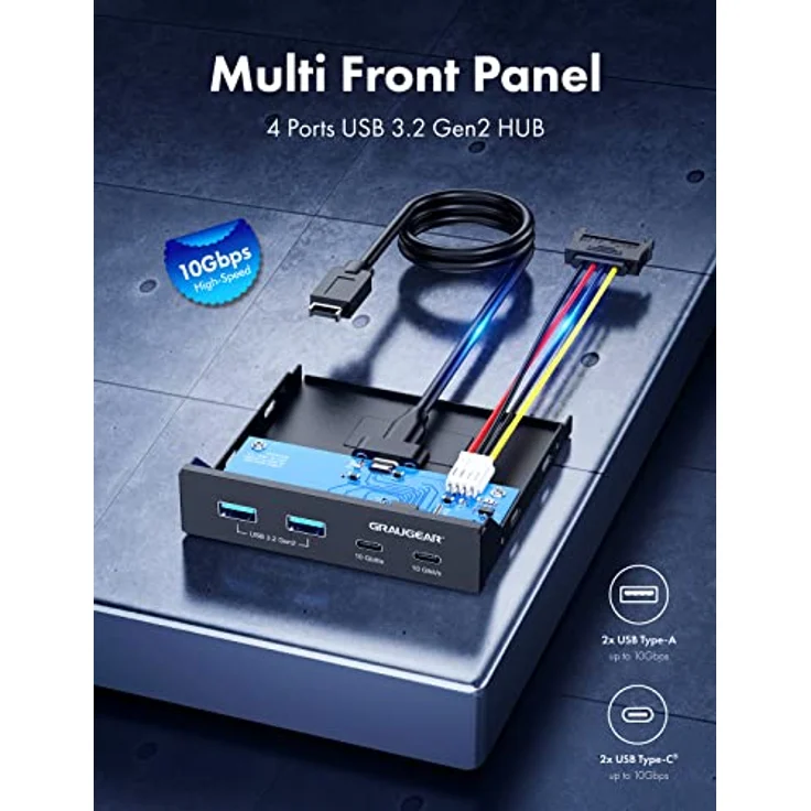 GRAUGEAR | 4 Anschlüsse 10Gbit/s Front-Panel | 2X USB-C+2X USB-A USB3.2 Gen2 HUB | Frontblende für 3,5-Zoll Schacht | USB3.2 Gen2 Key A 20-pin Header | Metall | G-MP02 – Bild 5