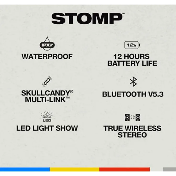 Skullcandy Stomp Wireless tragbarer Boombox-Party-Bluetooth-Lautsprecher, Schwarz, wasserdicht (IPX7), 12 Stunden Akkulaufzeit, True Wireless Stereo mit LED-Lichtshow