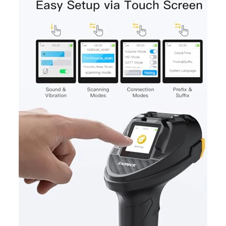 Inateck Pro 8, Bluetooth 2D 1D Wireless Handheld Barcode Scanner mit Touchscreen, CMOS CCD Dual Module, große Reichweite, intelligente Ladestation, unterstützt App SDK – Bild 2