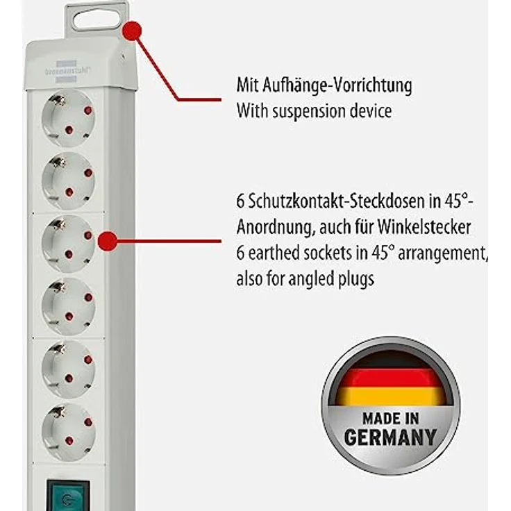 Brennenstuhl Premium-Line, Steckdosenleiste 6-fach (Steckerleiste mit Schalter und 3m Kabel- 45° Winkel der Schutzkontakt-Steckdosen, Made in Germany) grau – Bild 2